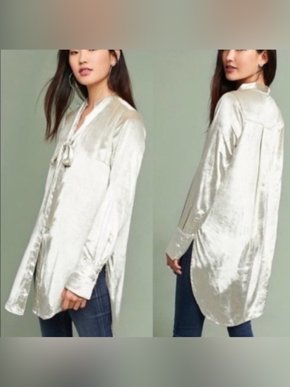 Anthropologie Maeve Velvet Champagne High Low Tunic Button Down Top Size 4